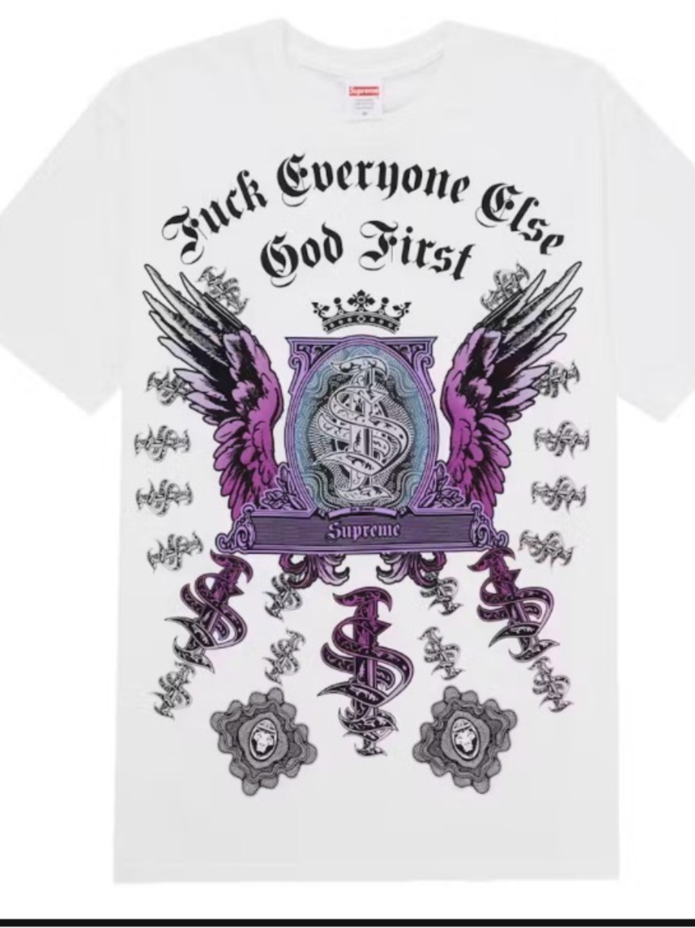 Supreme White Tee with Purple and Black Winged Crest Graphic